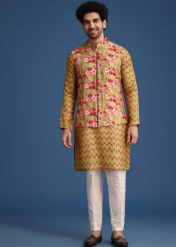 Green Silk Surreal Printed Kurta Jacket Set