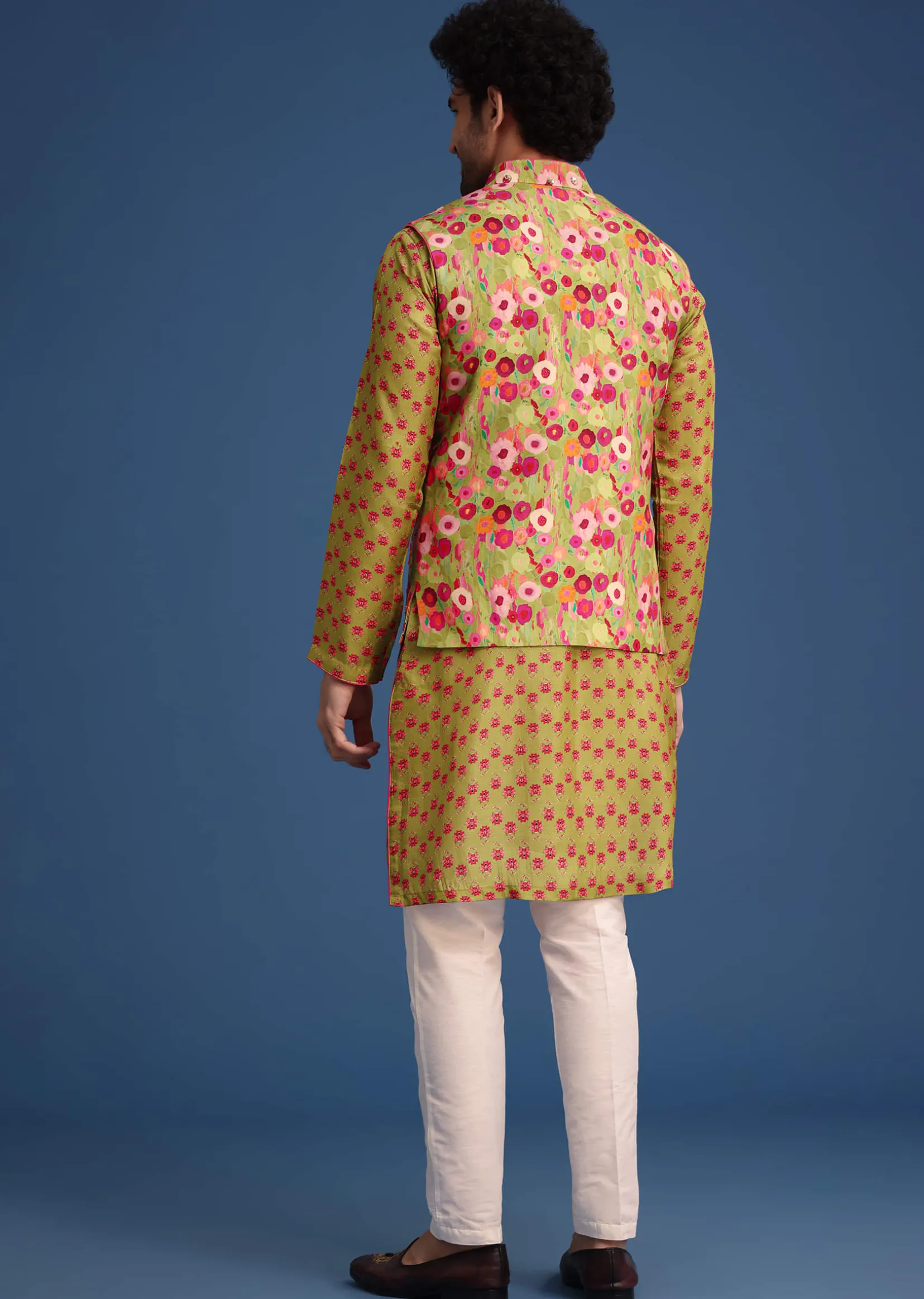 Green Silk Surreal Printed Kurta Jacket Set