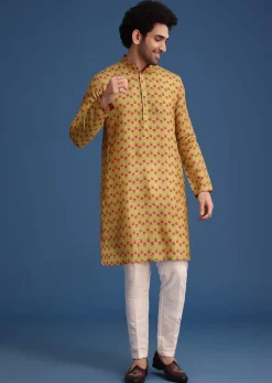 Green Silk Surreal Printed Kurta Jacket Set