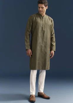 Green Silk Textured Kurta Set For Men With Embroidery