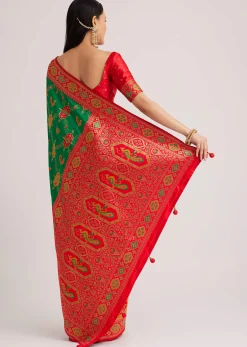 Green Silk Woven Ikat Motif Saree With Constrat Pallu