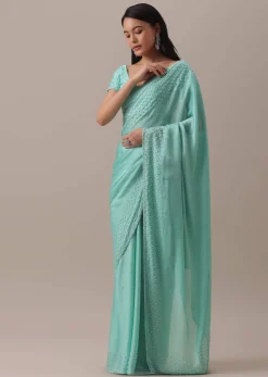 Green Stone And Bead Embellished Saree In Satin