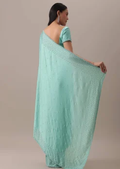 Green Stone And Bead Embellished Saree In Satin