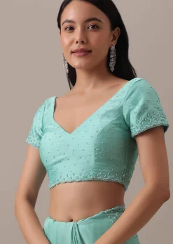 Green Stone And Bead Embellished Saree In Satin