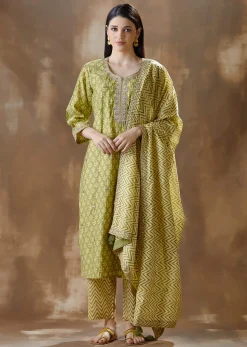 Green Straight Cut Suit In Silk With Print And Embroidered Neckline