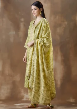 Green Straight Cut Suit In Silk With Print And Embroidered Neckline