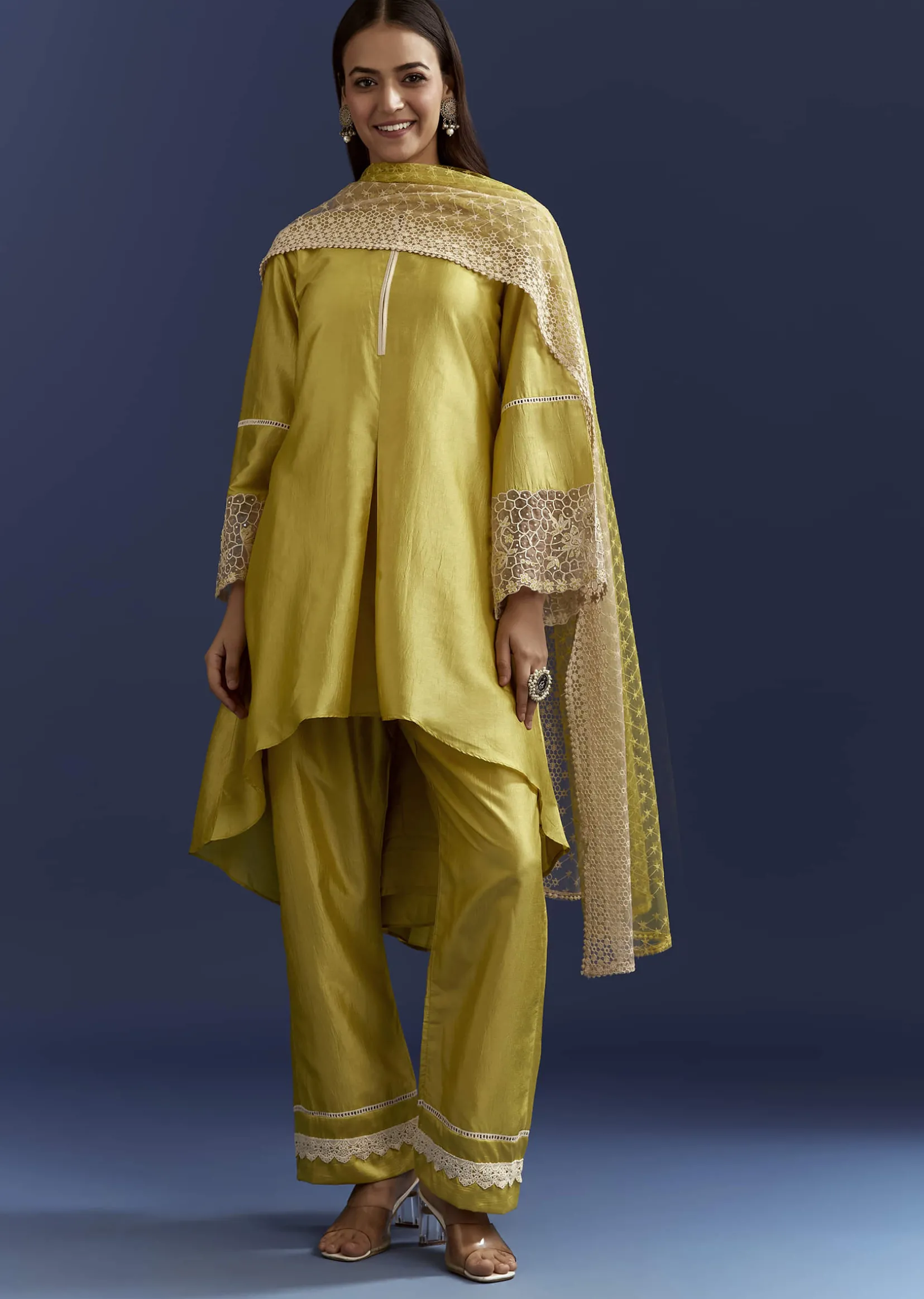 Green Thread And Sequins Work Kurta Set With Net Dupatta In Fuji Silk