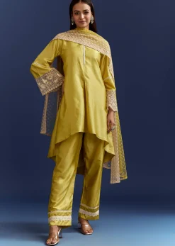 Green Thread And Sequins Work Kurta Set With Net Dupatta In Fuji Silk