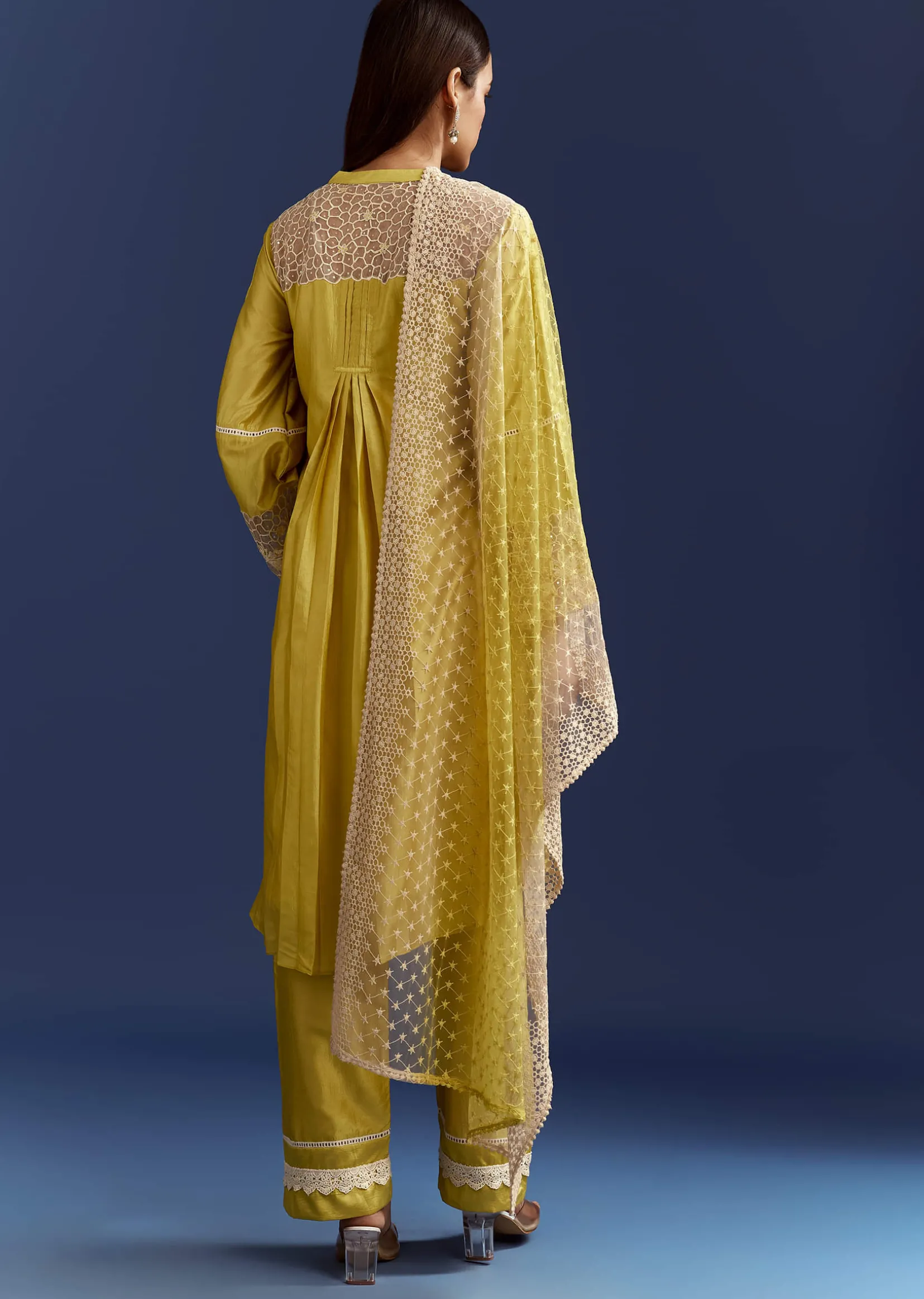 Green Thread And Sequins Work Kurta Set With Net Dupatta In Fuji Silk