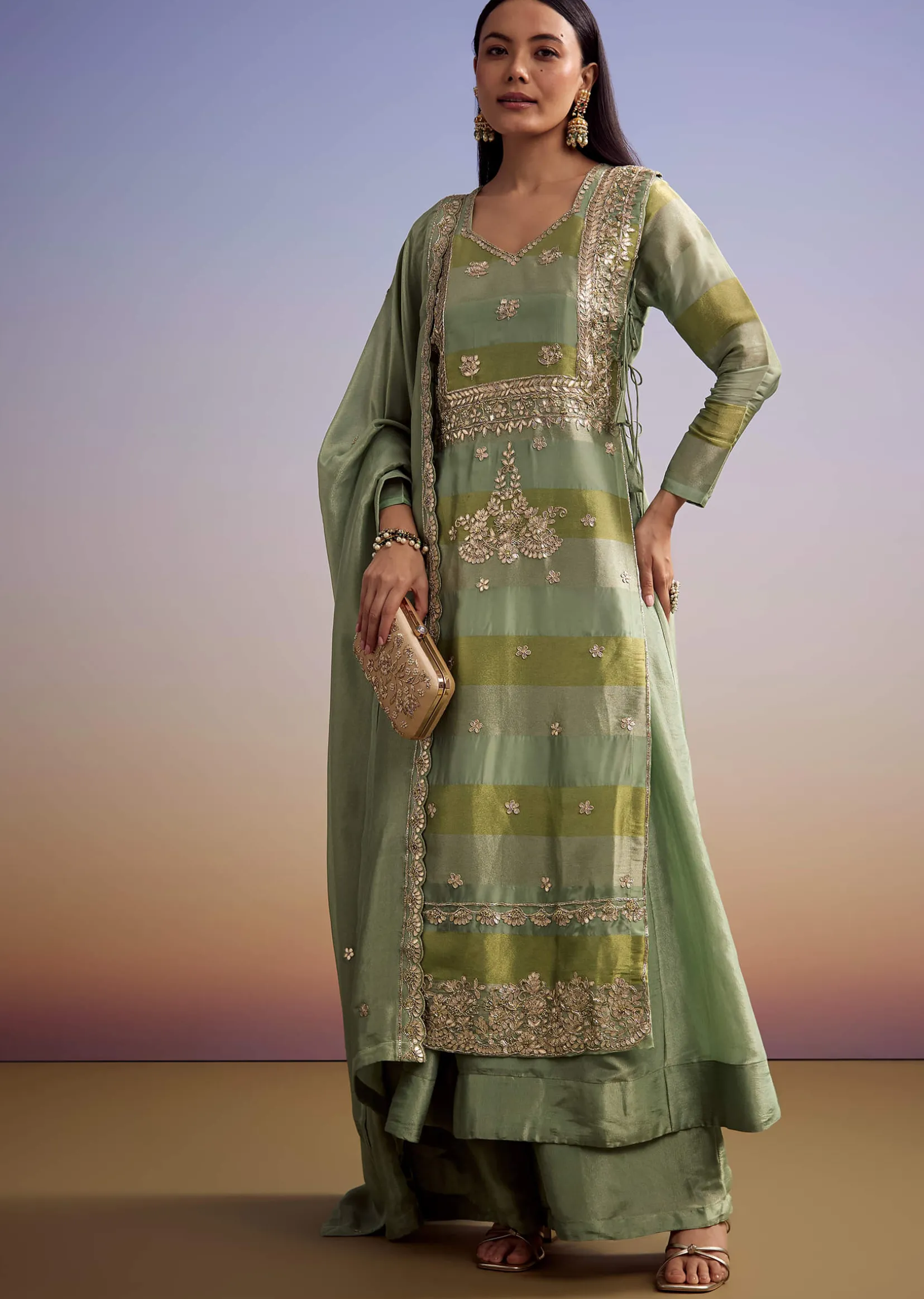 Green Tissue Anarkali Suit With Gotta Work And Dupatta