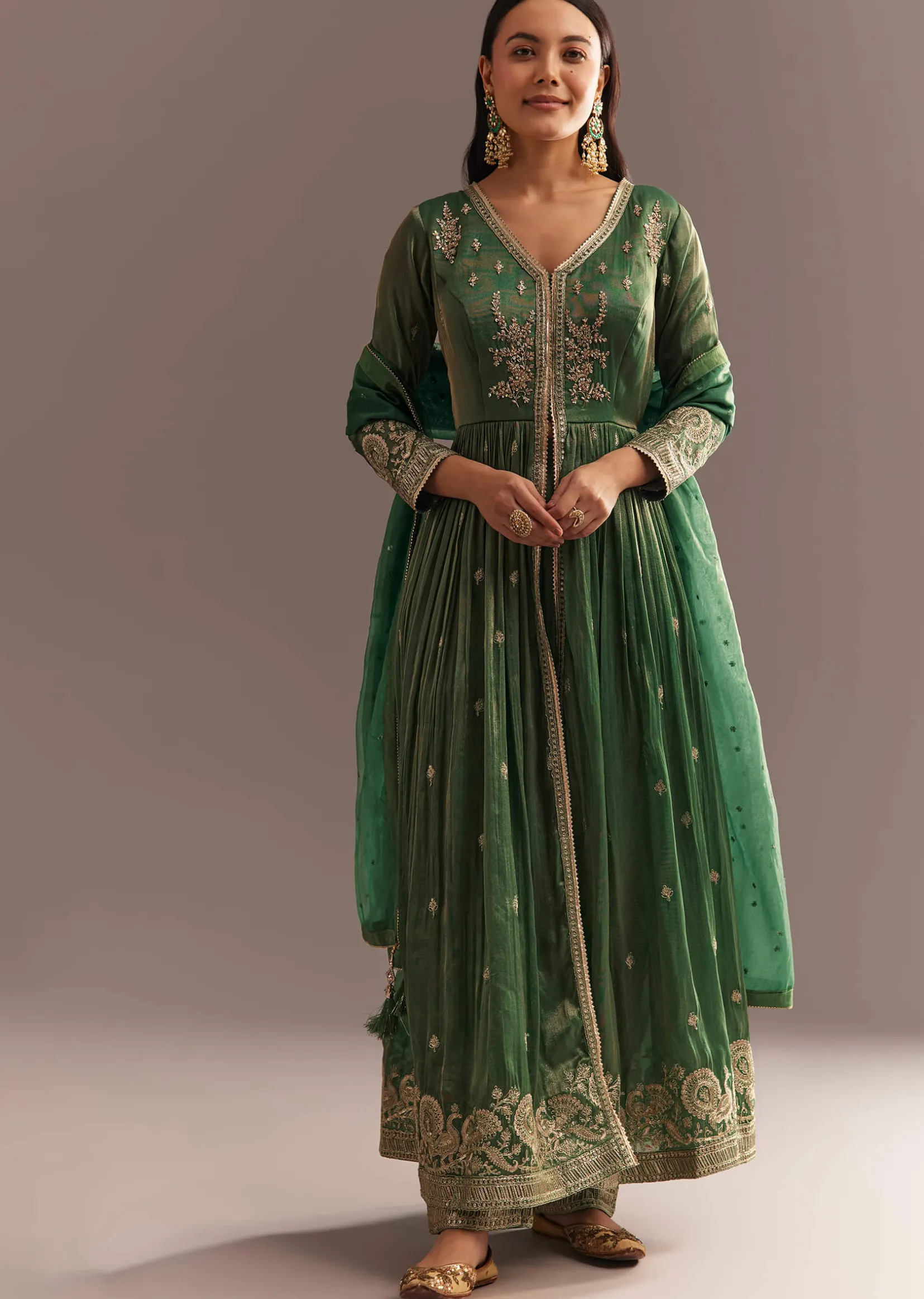 Green Tissue Embroidered Anarkali Pant With Organza Dupatta