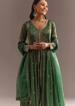 Green Tissue Embroidered Anarkali Pant With Organza Dupatta