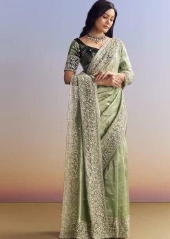 Green Tissue Saree With Velvet Blouse And Richly Embroidered Borders