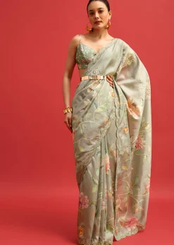 Green Tissue Silk Floral Printed Saree With Embroidered Border And Unstitched Blouse
