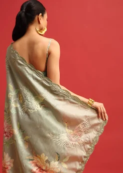 Green Tissue Silk Floral Printed Saree With Embroidered Border And Unstitched Blouse