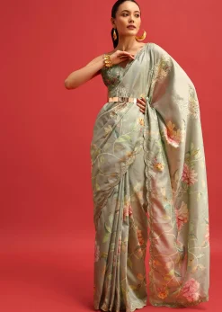 Green Tissue Silk Floral Printed Saree With Embroidered Border And Unstitched Blouse