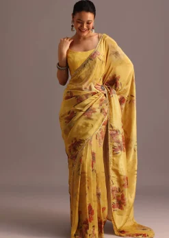 Green Tissue Silk Floral Leaf Printed Saree With Embroidered Border