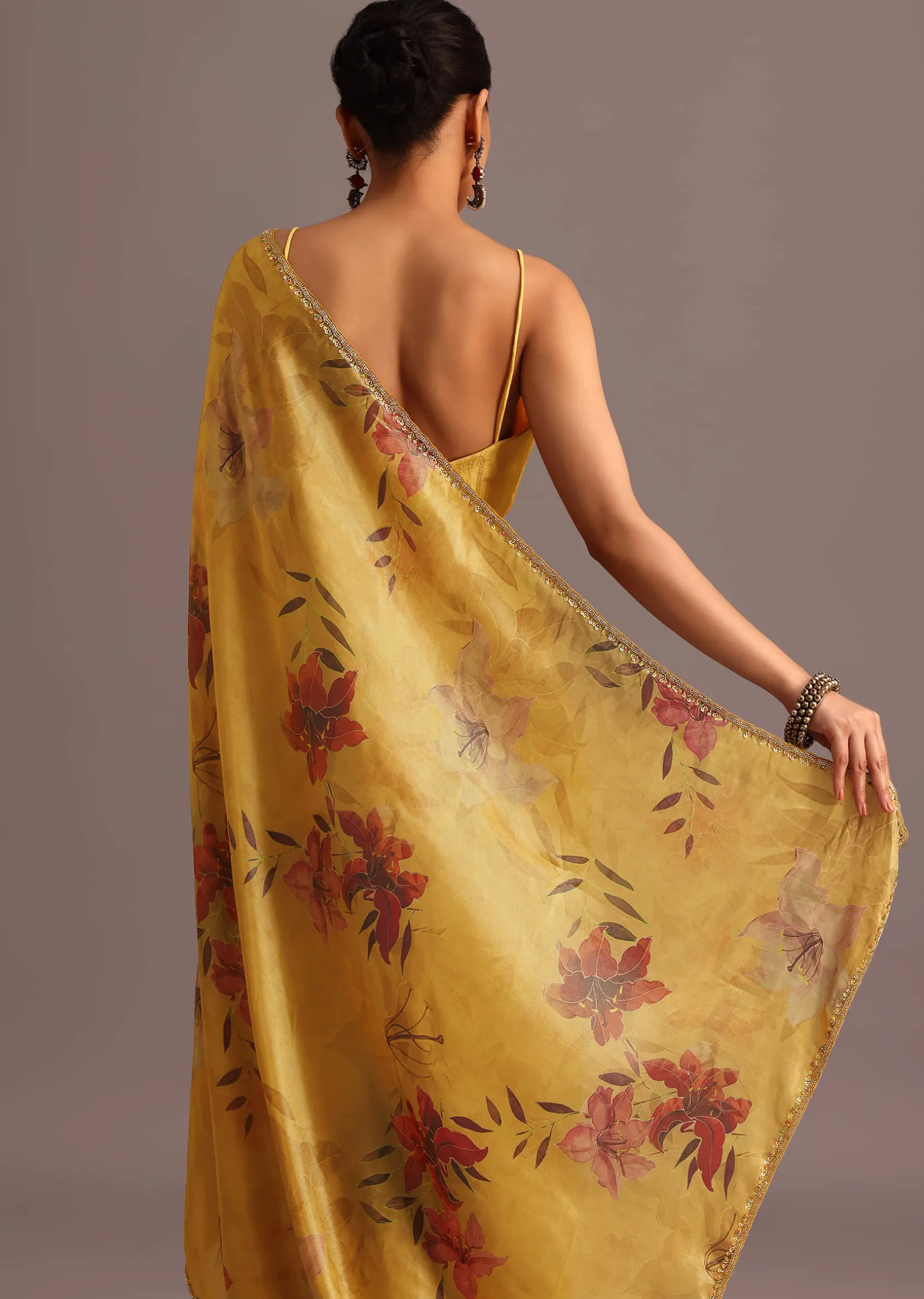 Green Tissue Silk Floral Leaf Printed Saree With Embroidered Border