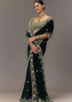 Green Velvet Saree With Brocade Embroidered Blouse