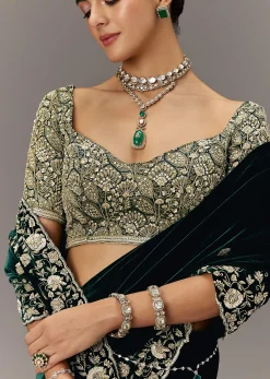 Green Velvet Saree With Brocade Embroidered Blouse