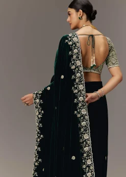 Green Velvet Saree With Brocade Embroidered Blouse
