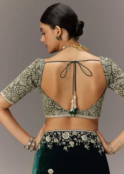 Green Velvet Saree With Brocade Embroidered Blouse