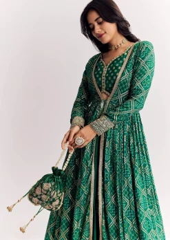 Green Weave Silk Indowestern Skirt Set With Bandhani Print Zari Work Jacket