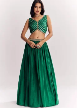 Green Weave Silk Indowestern Skirt Set With Bandhani Print Zari Work Jacket