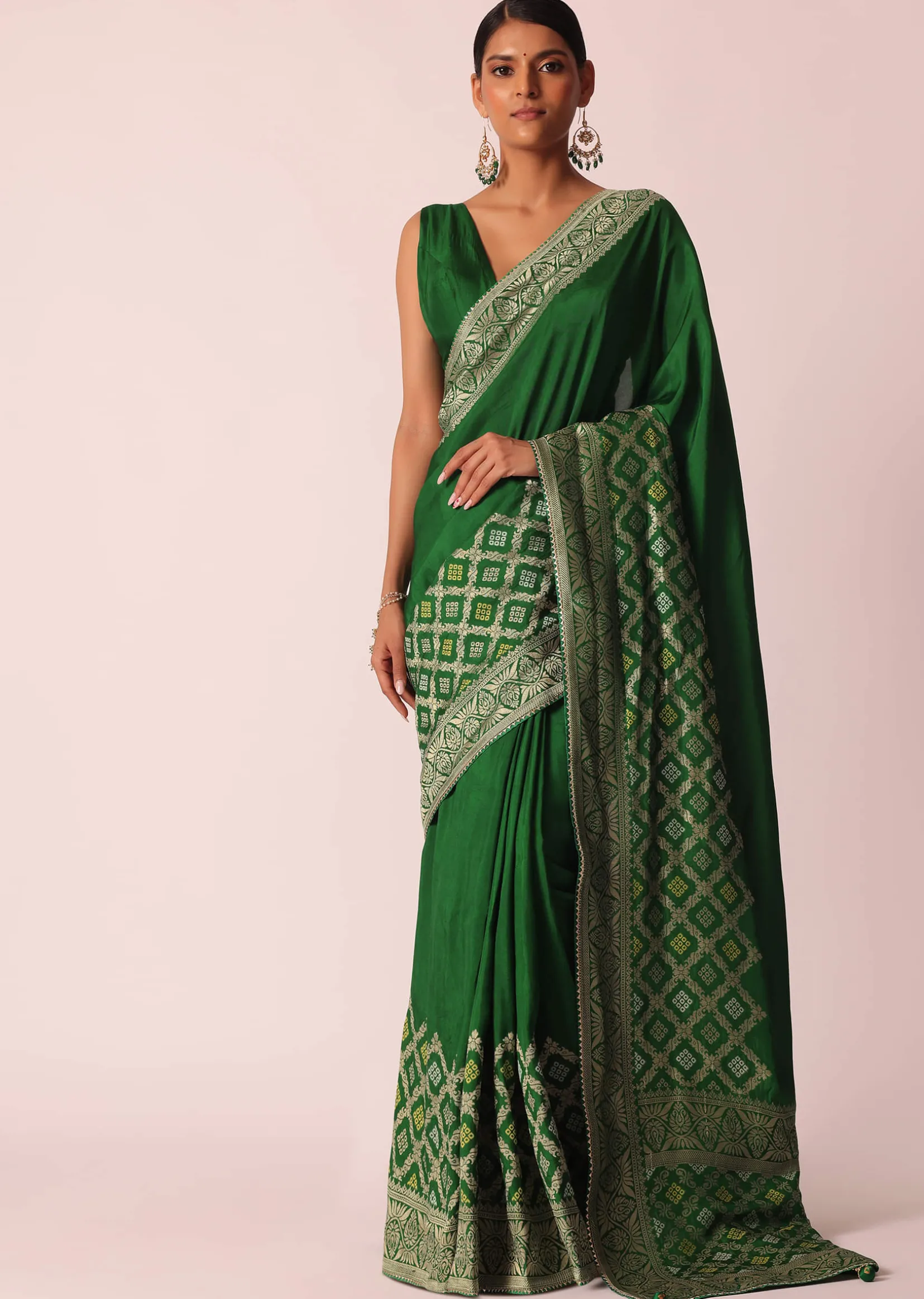 Green Woven Silk Saree With Bandhani Detail And Unstitched Blouse Piece