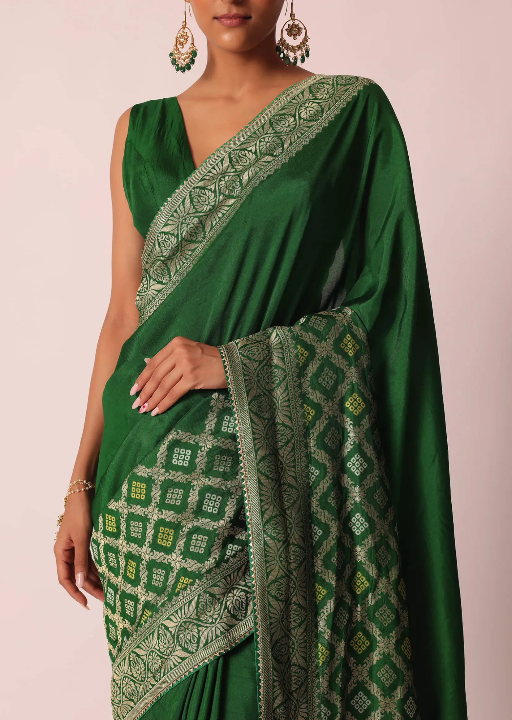Green Woven Silk Saree With Bandhani Detail And Unstitched Blouse Piece