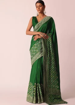 Green Woven Silk Saree With Bandhani Detail And Unstitched Blouse Piece