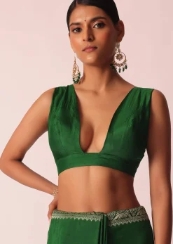 Green Woven Silk Saree With Bandhani Detail And Unstitched Blouse Piece