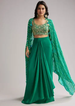 Green Zardosi Cape Set With Crop Top And Skirt