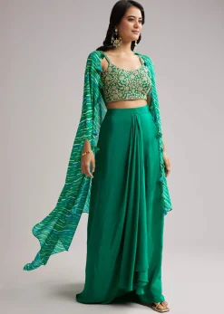 Green Zardosi Cape Set With Crop Top And Skirt