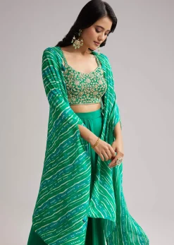 Green Zardosi Cape Set With Crop Top And Skirt