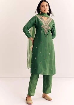 Green Zardosi Work Dola Silk Kurta Dupatta Suit