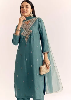 Green Zardosi Work Dola Silk Kurta Set With Dupatta