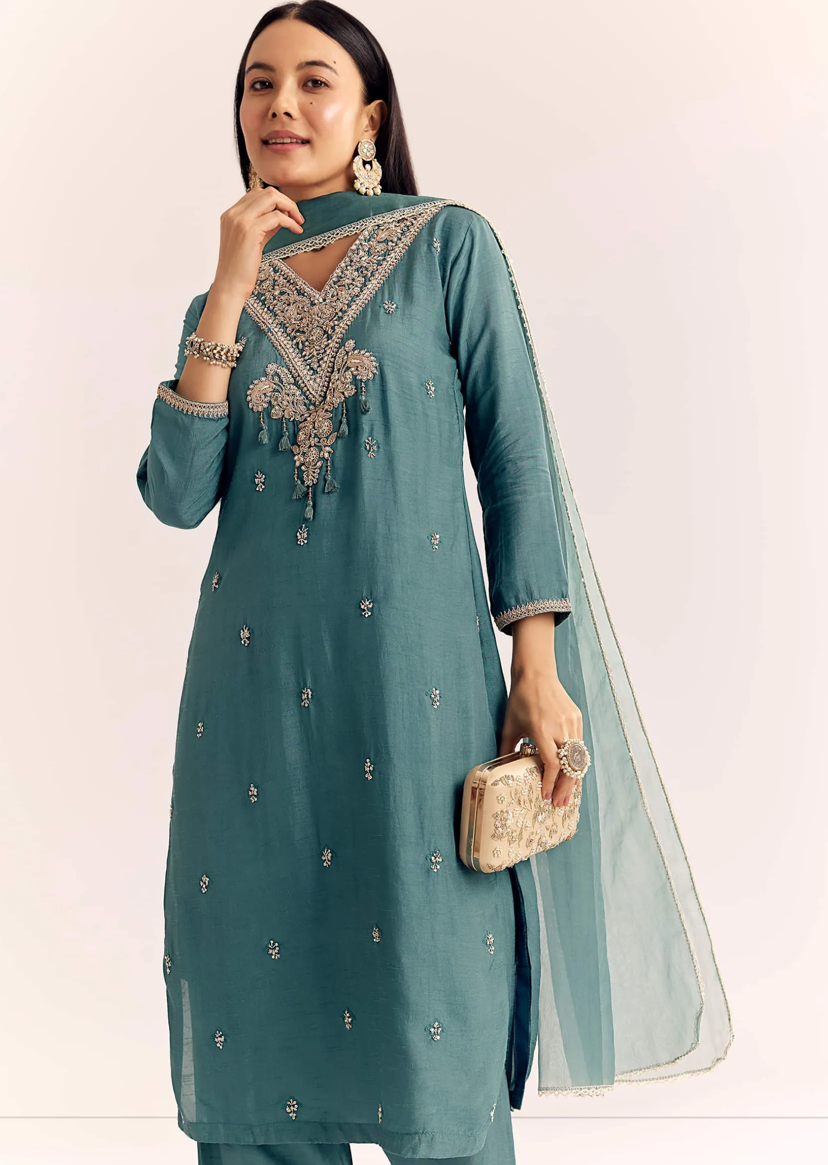 Green Zardosi Work Dola Silk Kurta Set With Dupatta