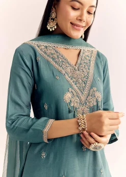 Green Zardosi Work Dola Silk Kurta Set With Dupatta