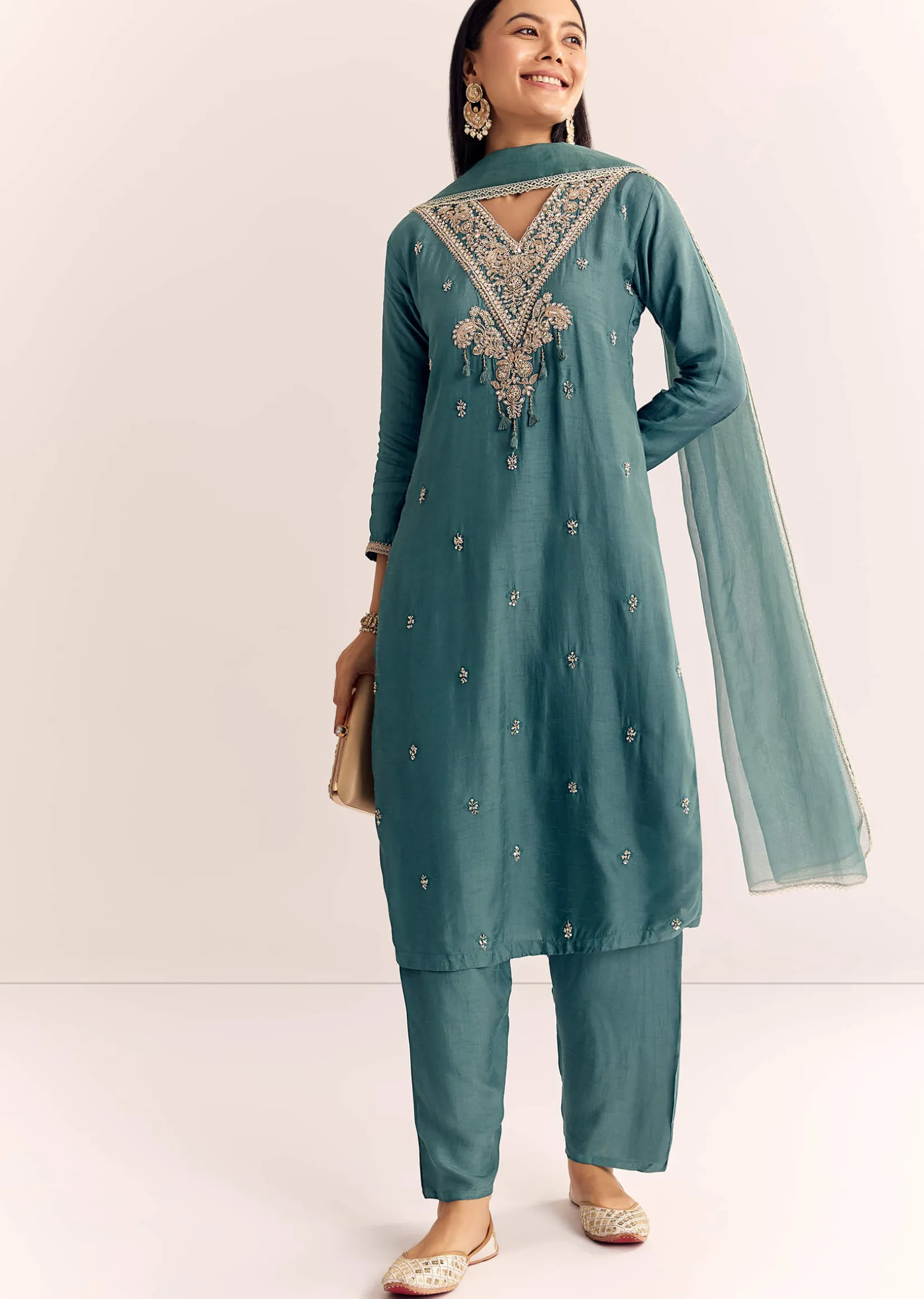Green Zardosi Work Dola Silk Kurta Set With Dupatta
