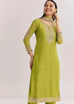 Green Zari Work Kurta Set With Chiffon Dupatta