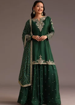 Green Zari Work Palazzo Suit With Organza Dupatta