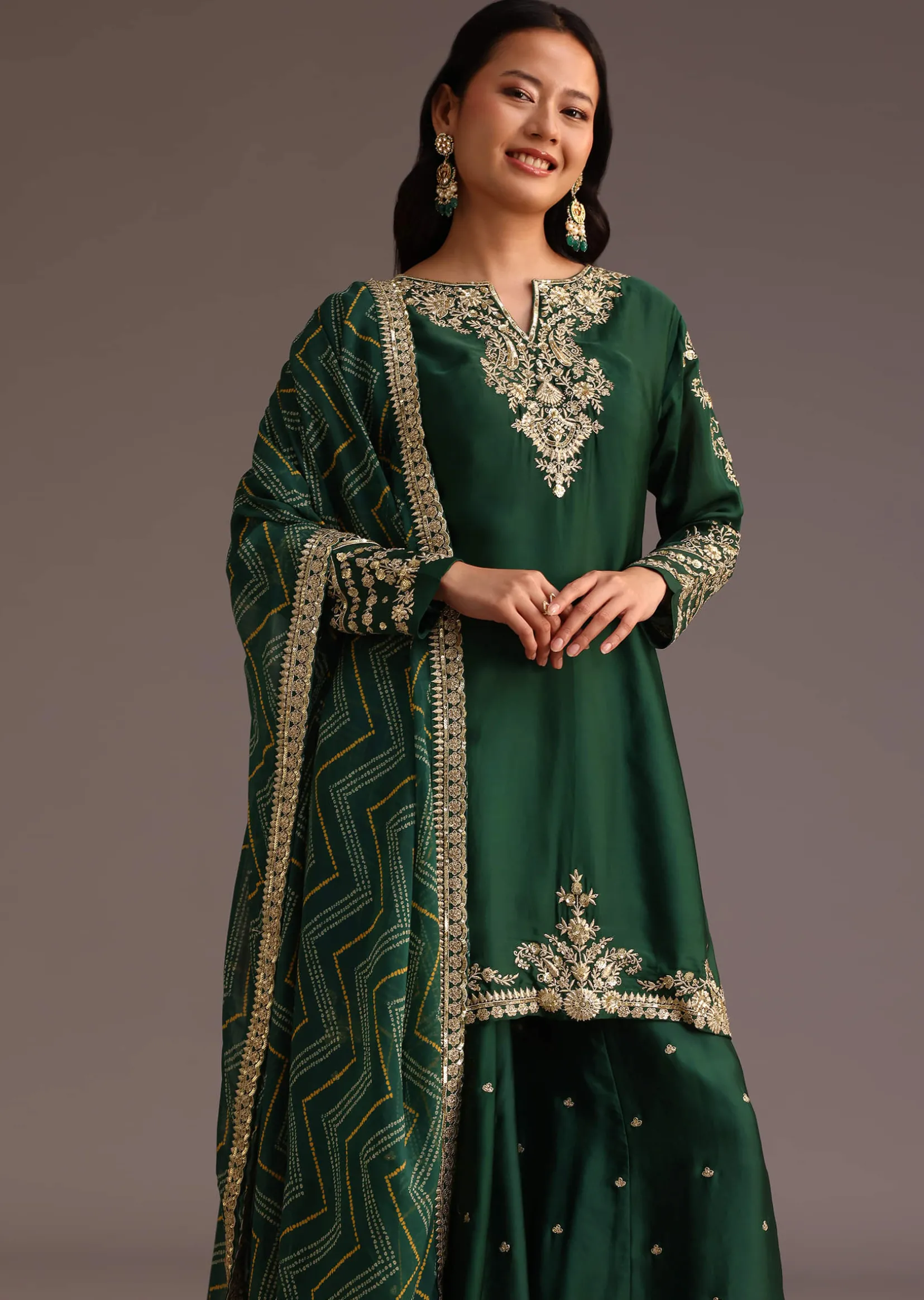 Green Zari Work Palazzo Suit With Organza Dupatta