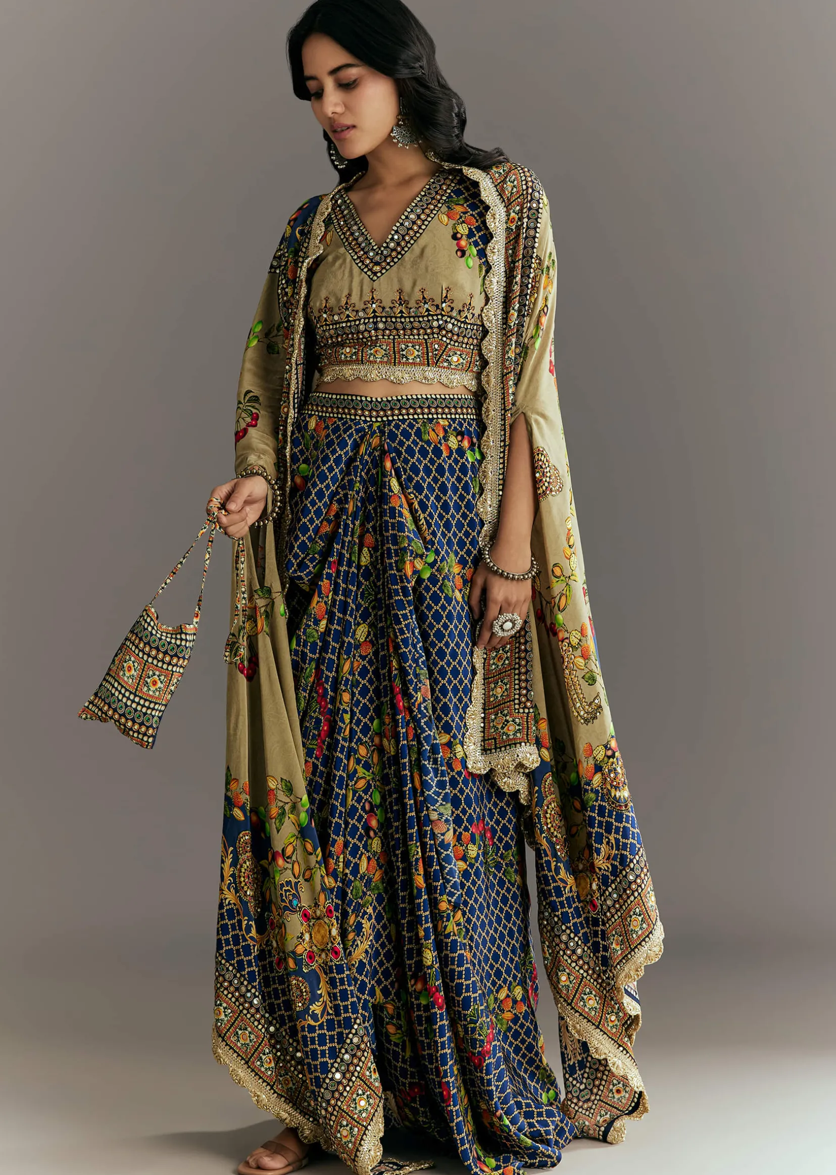 Greenish Beige Muslin Embroidered Croptop With Printed Skirt And Cape