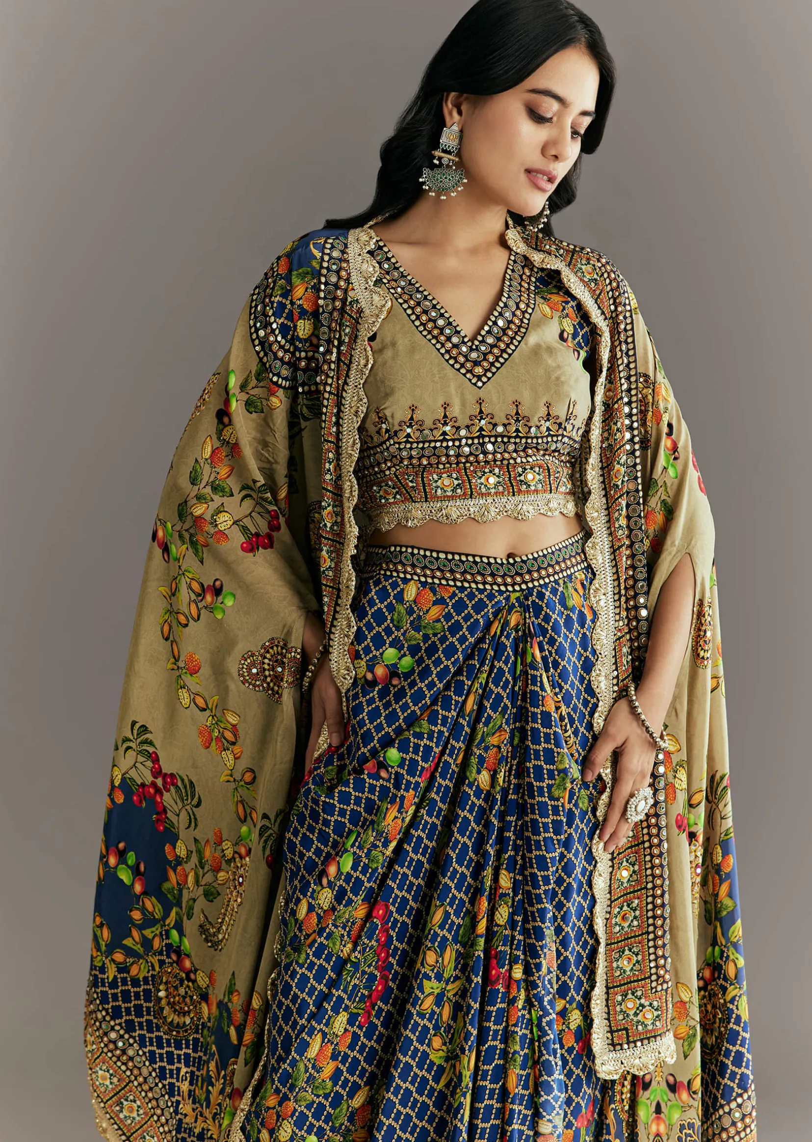 Greenish Beige Muslin Embroidered Croptop With Printed Skirt And Cape