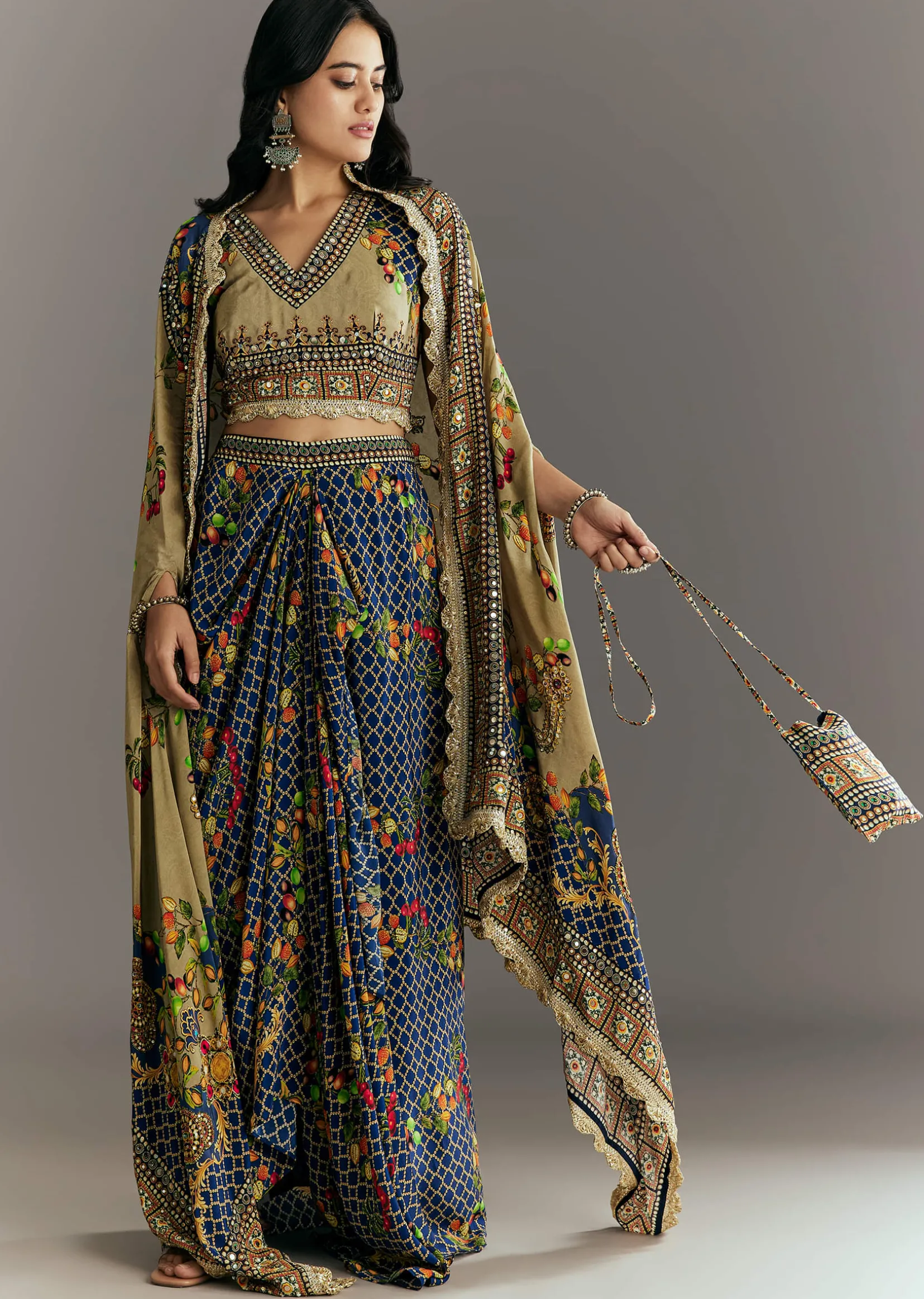Greenish Beige Muslin Embroidered Croptop With Printed Skirt And Cape