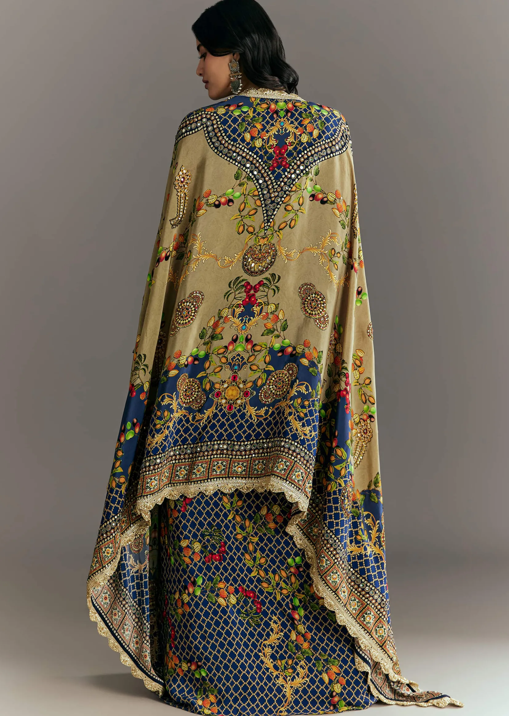 Greenish Beige Muslin Embroidered Croptop With Printed Skirt And Cape