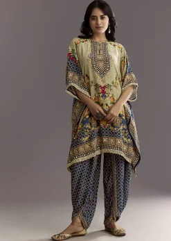 Greenish Beige Printed Kaftaan Kurta With Dhoti