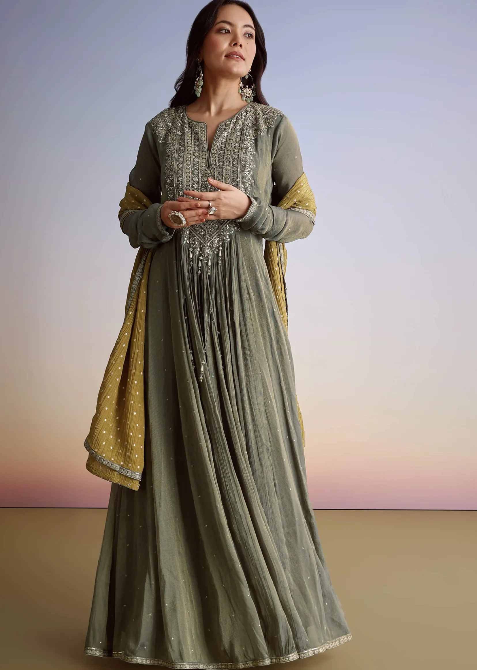 Greenish Grey Crush Tissue Anarkali Suit With Sequins Work