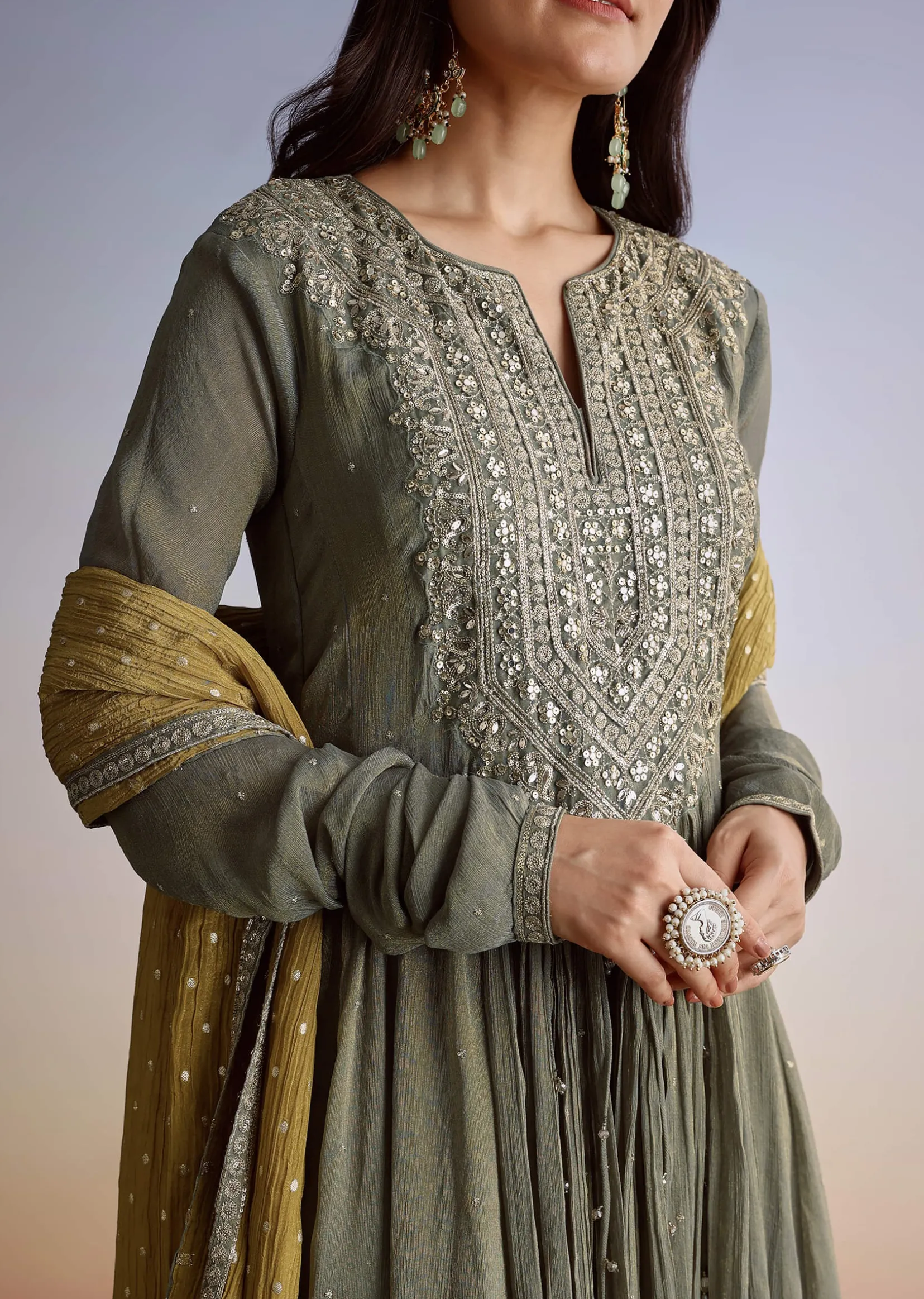 Greenish Grey Crush Tissue Anarkali Suit With Sequins Work